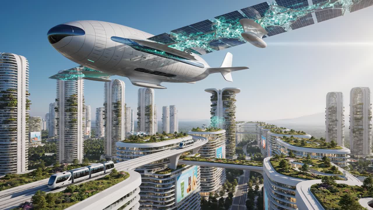 Futuristic Green City with Airship and Elevated Train