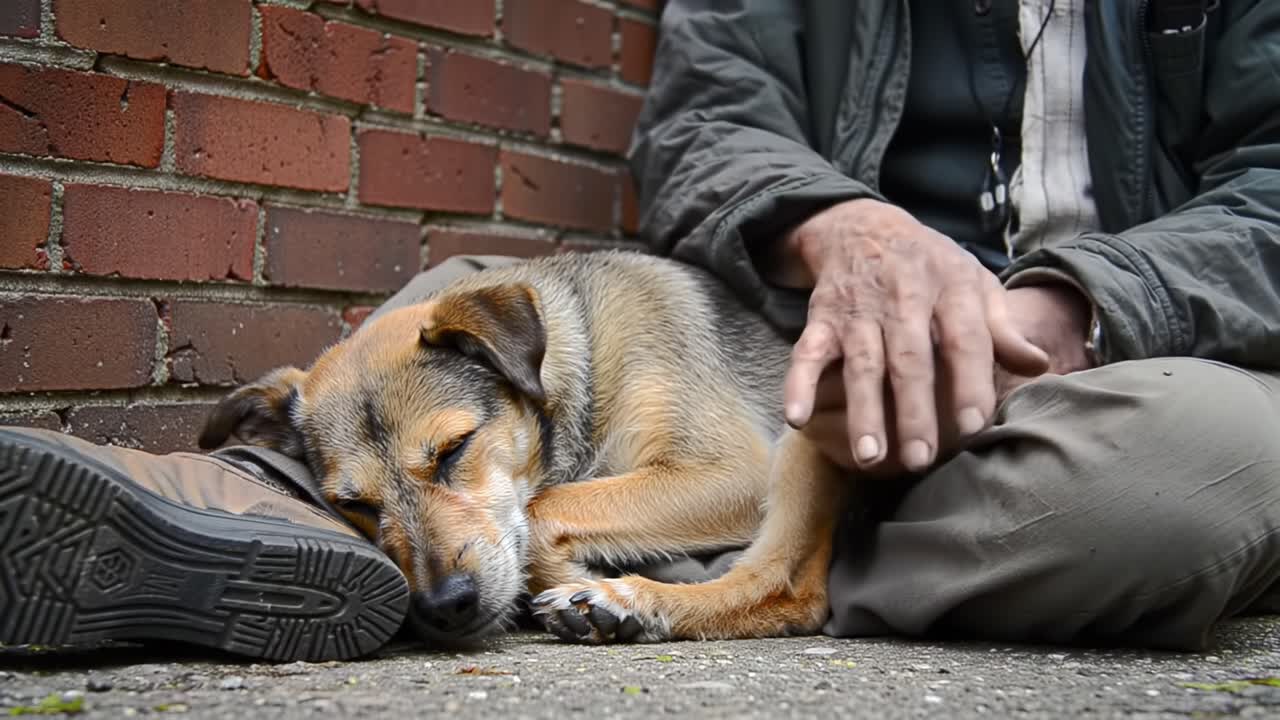 A heartfelt moment between a person and their loyal canine companion, nestled together on the ground, showcasing the warmth and bond shared in a tranquil setting.