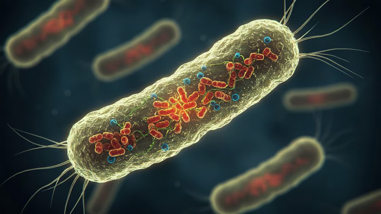 Detailed Visualization of a Bacterial Cell Showing Its Structure, Genetic Material, and Surrounding Environment in a High-Resolution Animated Rendering