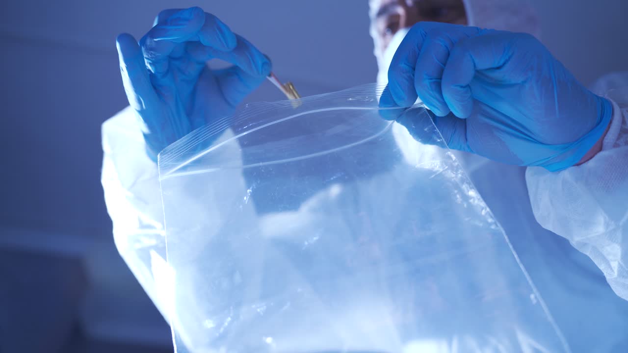 법의학적 증거를 조사하고 플라스틱 봉투에 넣습니다. 법의학 전문가.