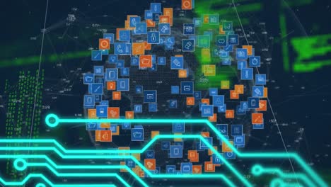 Mikroprozessorverbindungen-über-Den-Globus-Digitaler-Symbole-Und-Datenverarbeitung-Auf-Blauem-Hintergrund