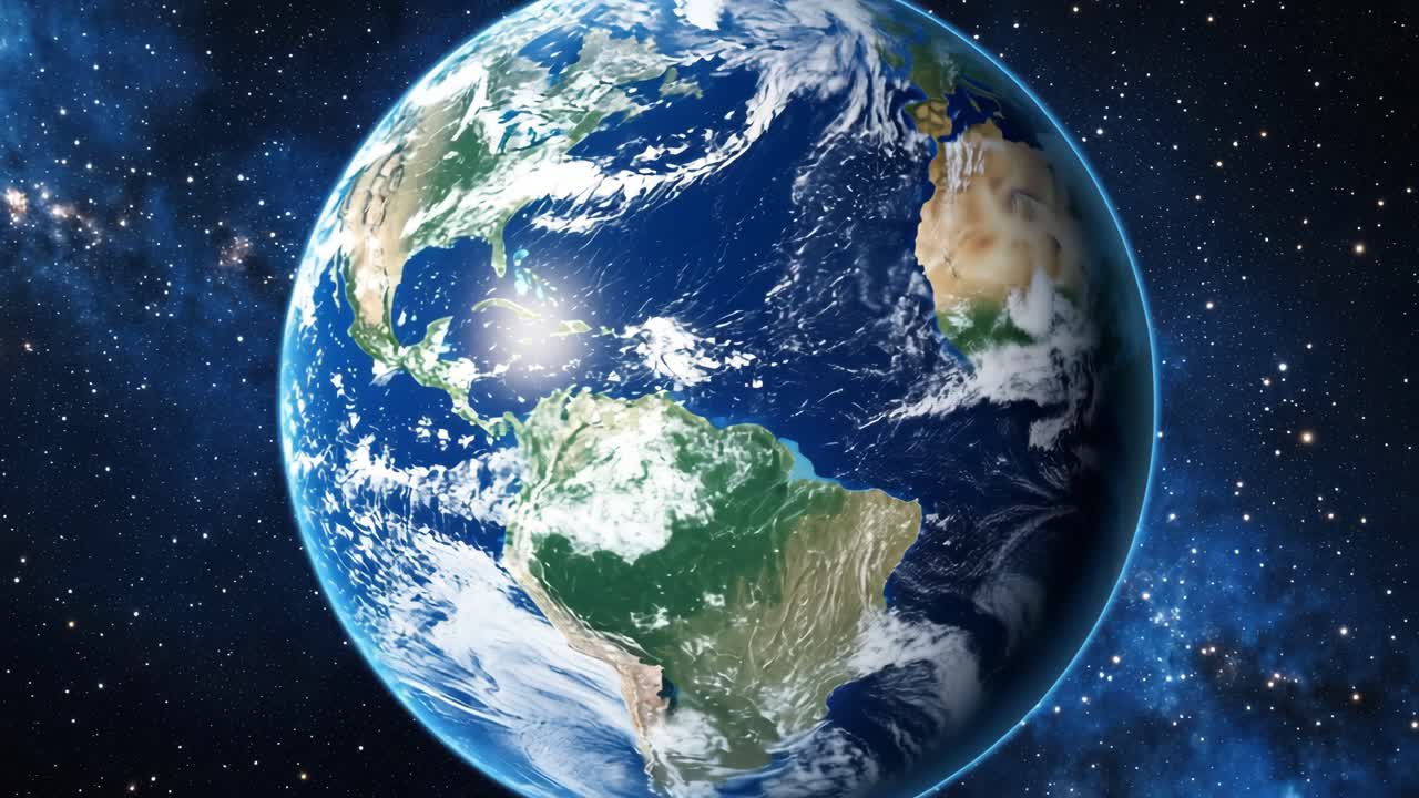 A video still of Earth from space, captured from a high-angle view, showcasing the planet's vibrant