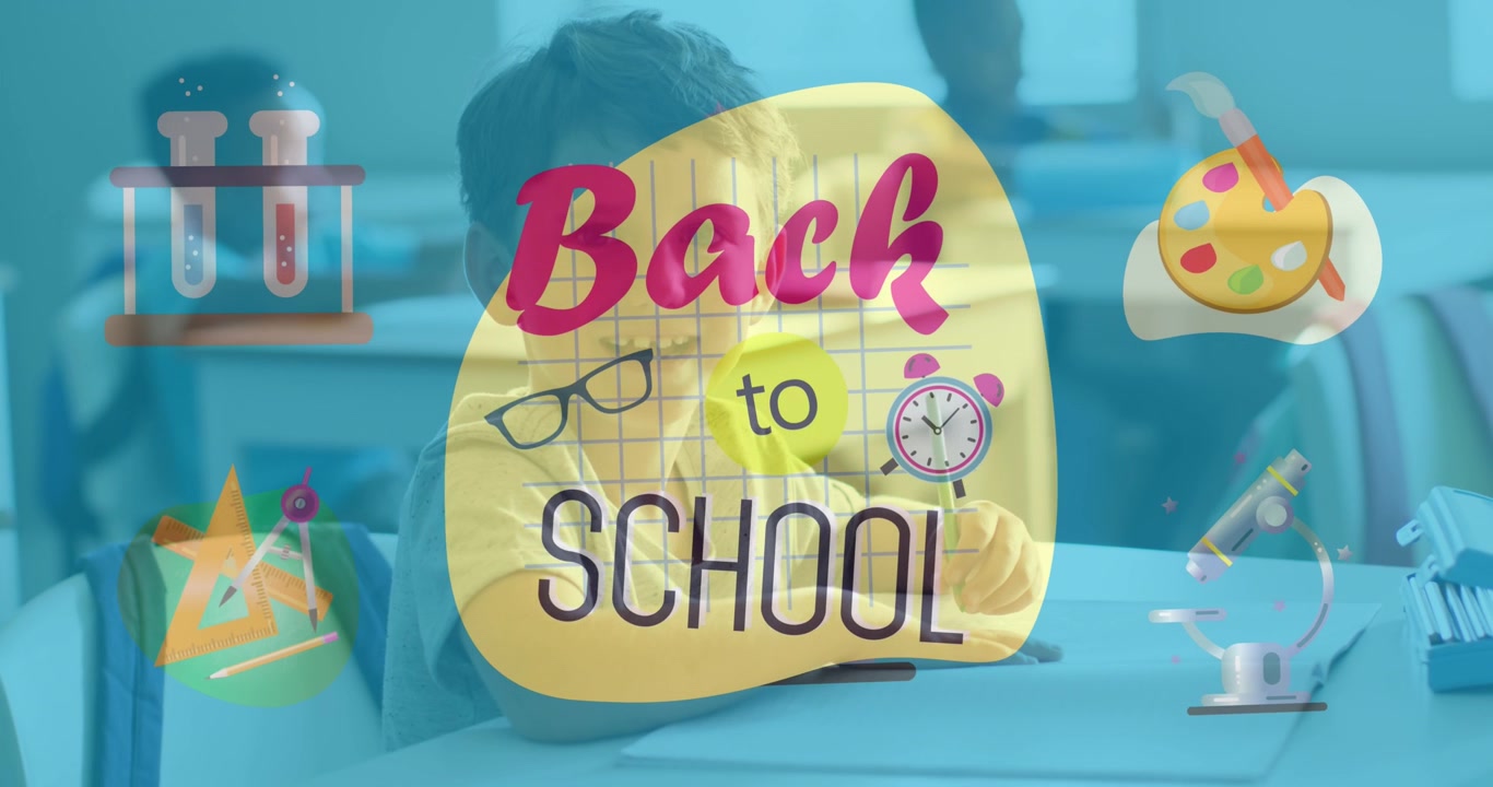 Animation of back to school text and icons over diverse schoolchildren