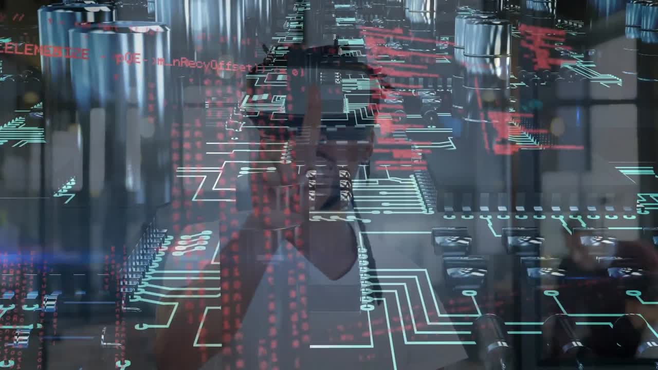 animación del procesamiento de datos sobre el hombre caucásico usando auriculares vr