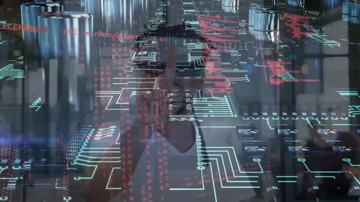 Animation of data processing over caucasian man using vr headset