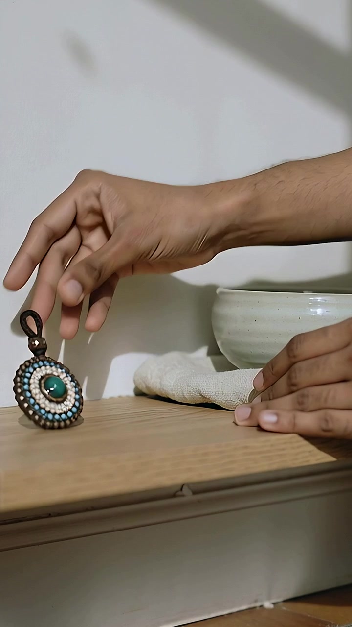 Video vertical: Manos masculinas bajando y equilibrando un colgante de cuentas en un estante de madera, cerca de una tela y un cuenco