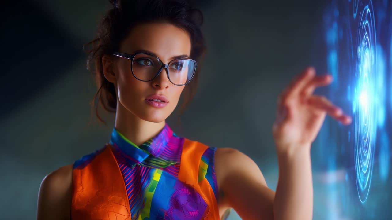 Captivating Interactive Experience: A Focused Individual Engages with Futuristic Technology through a Vivid and Colorful Interface in a Modern Environment