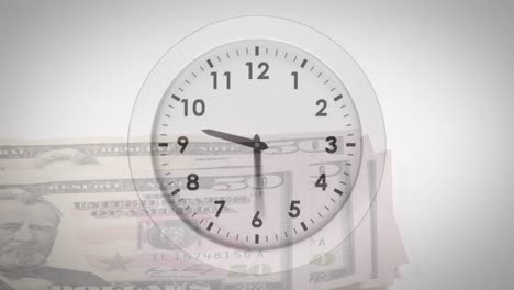 animation of clock ticking over american dollar bills