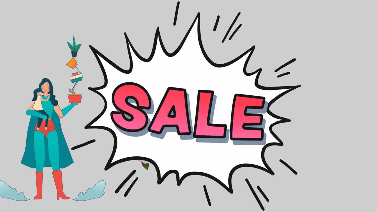 슈퍼히어로 엄마와 판매 텍스트의 애니메이션 꽃 위에 최면 운동으로 움직이는