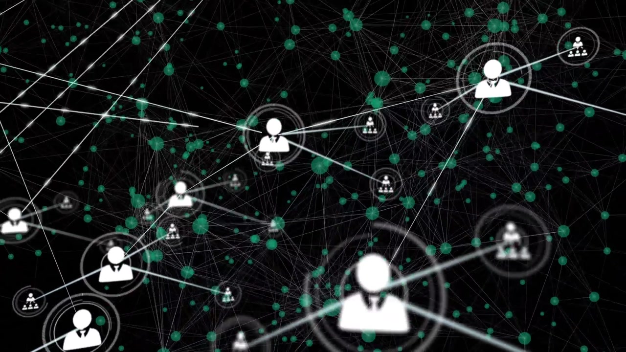 Animation of network of connections with people icons over glowing spots