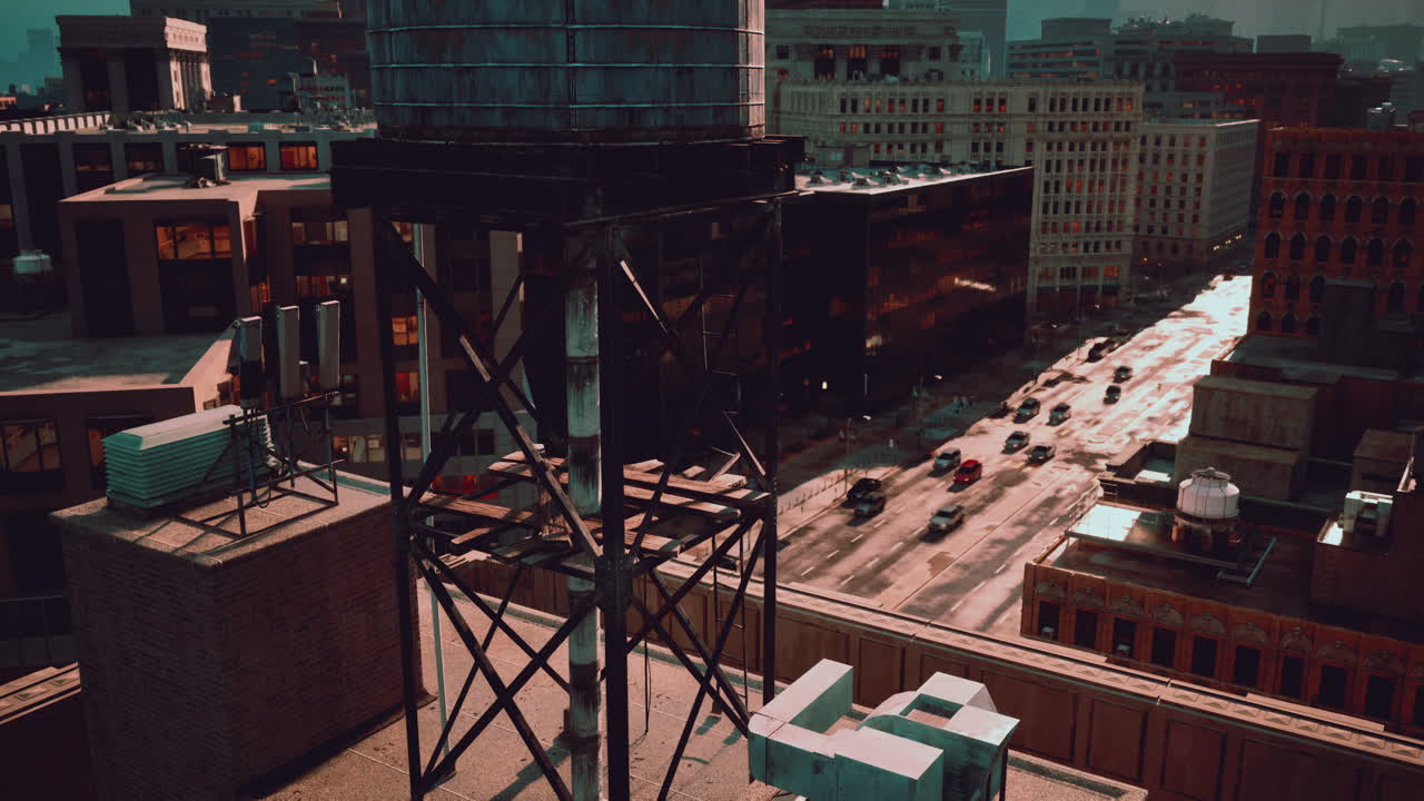 una vista aérea de un horizonte de la ciudad con una torre de agua en un techo