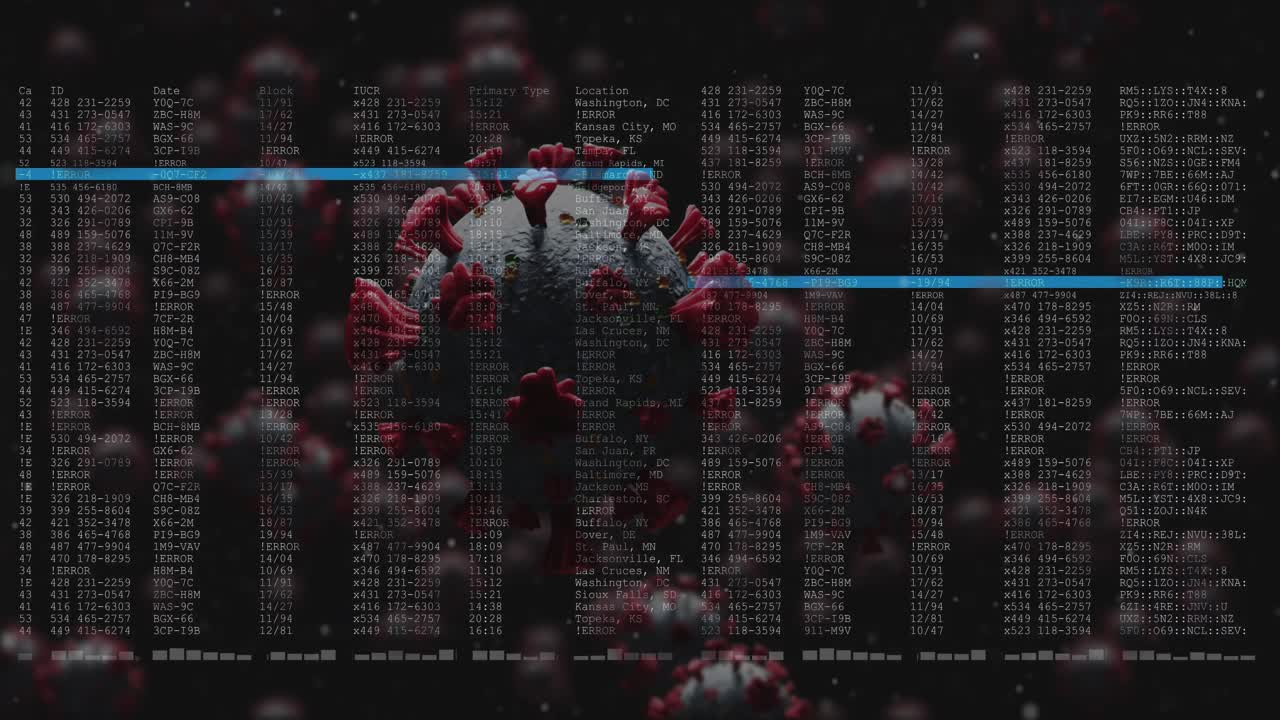 On start central 3D virus rotating while data overlay scanning records with sliding highlight bars