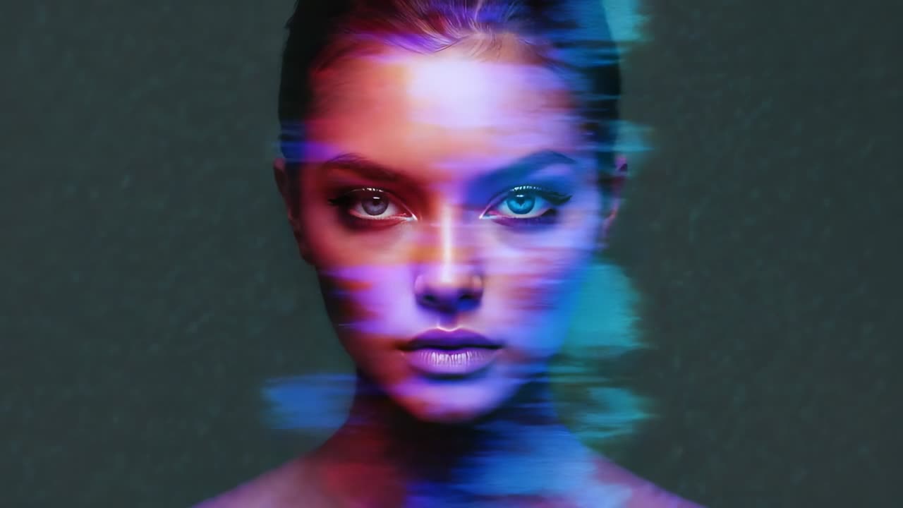 Showing initial glitch bands sliding across female model face in studio pulsing multicolored hues