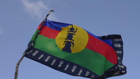 la bandera canaca nacional, con sus llamativos colores y llamativo símbolo, se puede ver ondeando con gracia en el viento, mientras ondea en la brisa de un día brillante y soleado, proporcionando una poderosa exhibición visual