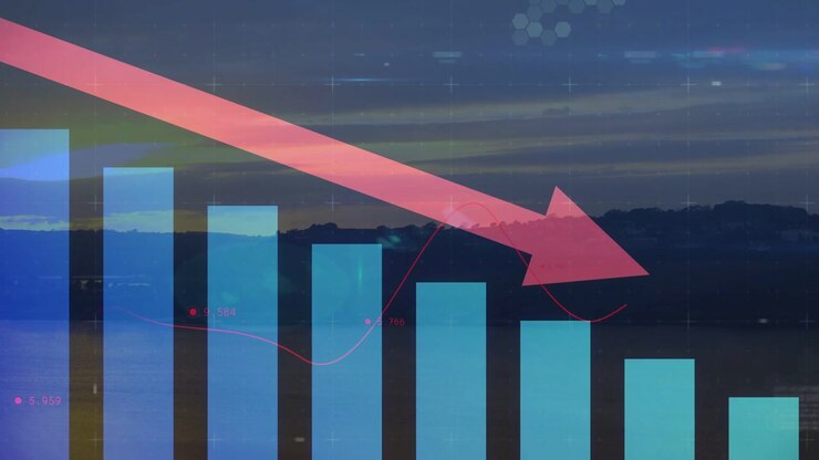 Playback starting, blue bar chart shifting and dimming, pink-red arrow pointing, showing decline