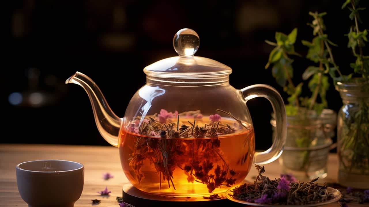 Delicate Floral Herbal Tea in Glass Teapot