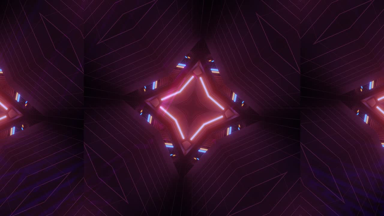 bucle vj: caleidoscopio morado, rojo y azul girando para revelar formas cambiantes de cuadrados y triángulos