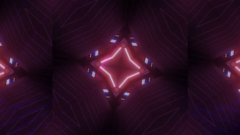 bucle vj: caleidoscopio morado, rojo y azul girando para revelar formas cambiantes de cuadrados y triángulos