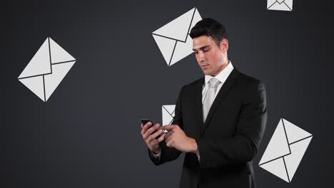 young caucasian businessman using phone with mail background