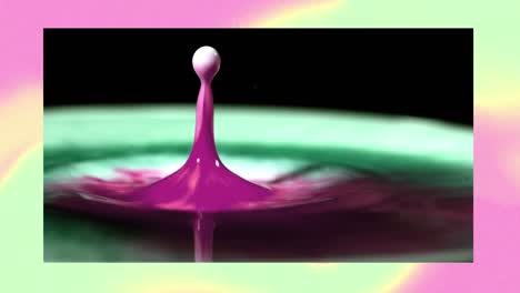 Animation-of-bouncing-liquid-droplet,-on-pastel-yellow-and-pink-swirls-background-and-frame