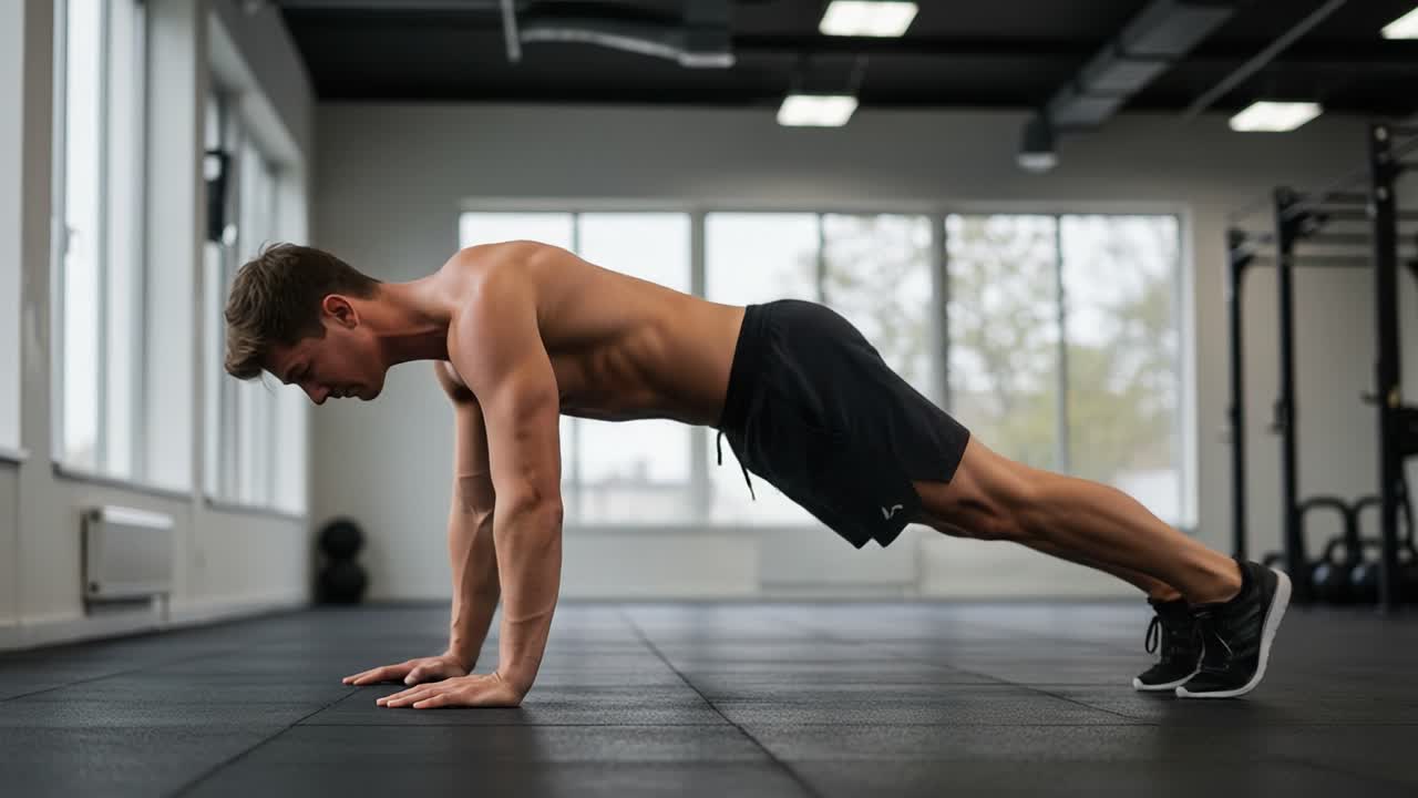 A Focused Male Athlete Performing Push-Ups in a Modern Gym Setting, Showcasing Strength and Determination with a Sharp, Intense Expression