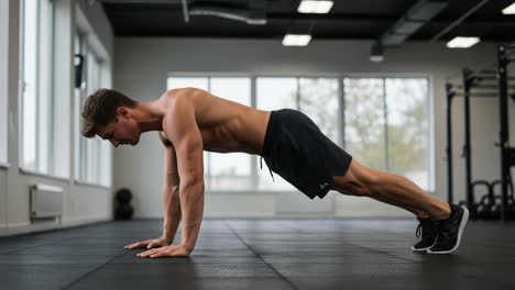 a focused male athlete performing push-ups in a modern gym setting, showcasing strength and determination with a sharp, intense expression