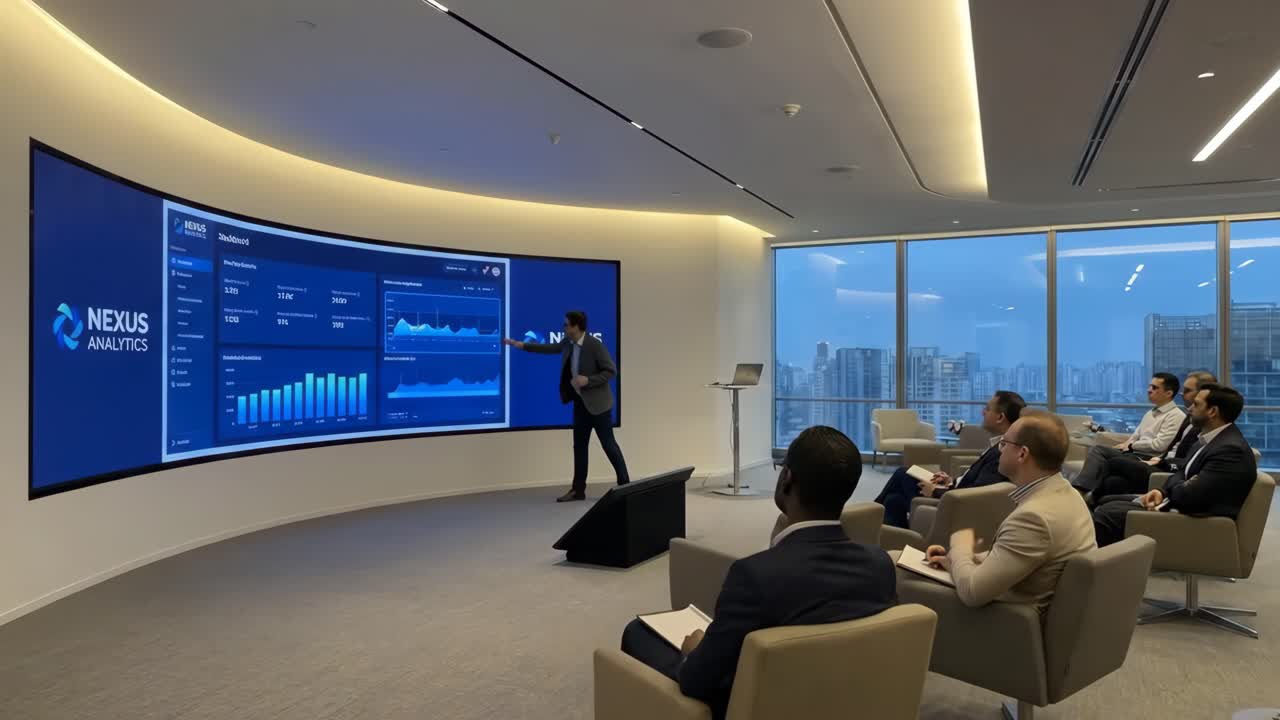 Business Presentation in Modern Conference Room with Data Analytics Screen