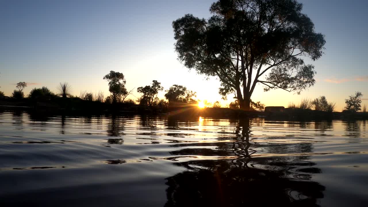 Slow motion shot of the sun rising above a dam in Australia with a gum tree on the bank