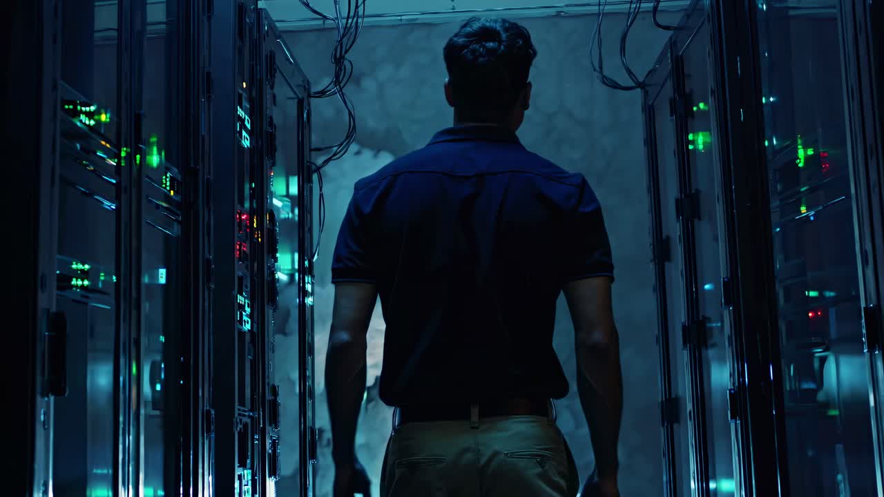 Technician in a Server Room During an Emergency