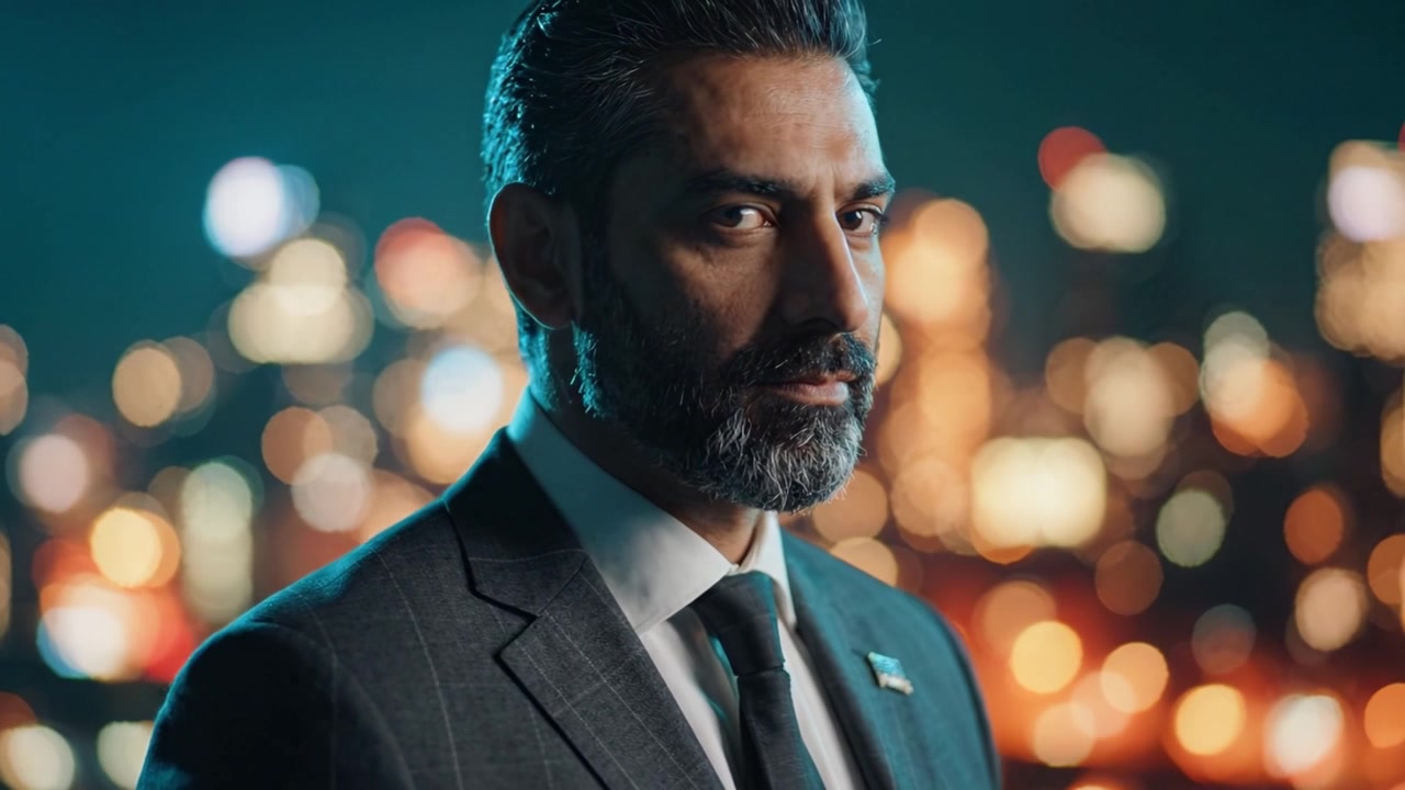 Um homem confiante de terno posa contra um horizonte vibrante da cidade à noite, exibindo uma postura elegante e um olhar profundo que evoca um senso de determinação