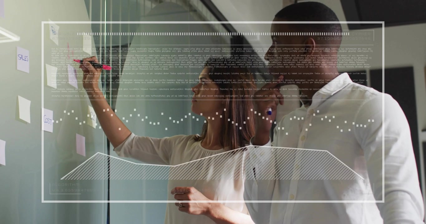 business team picking marker, mapping tasks on clear glass board while animated data chart growing