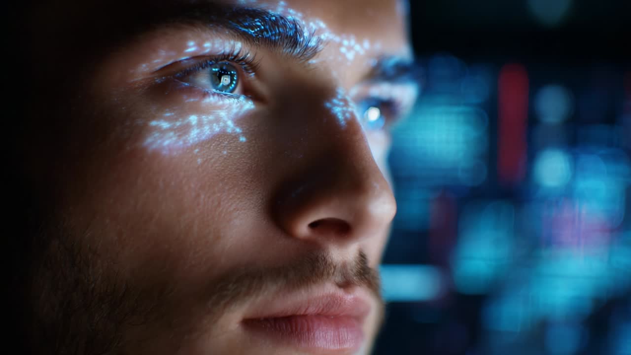 A Close-Up of a Young Man's Face Illuminated by Futuristic Data Projections, Highlighting His Intense Gaze and Detailed Facial Features Against the Background of Advanced Technology Displays