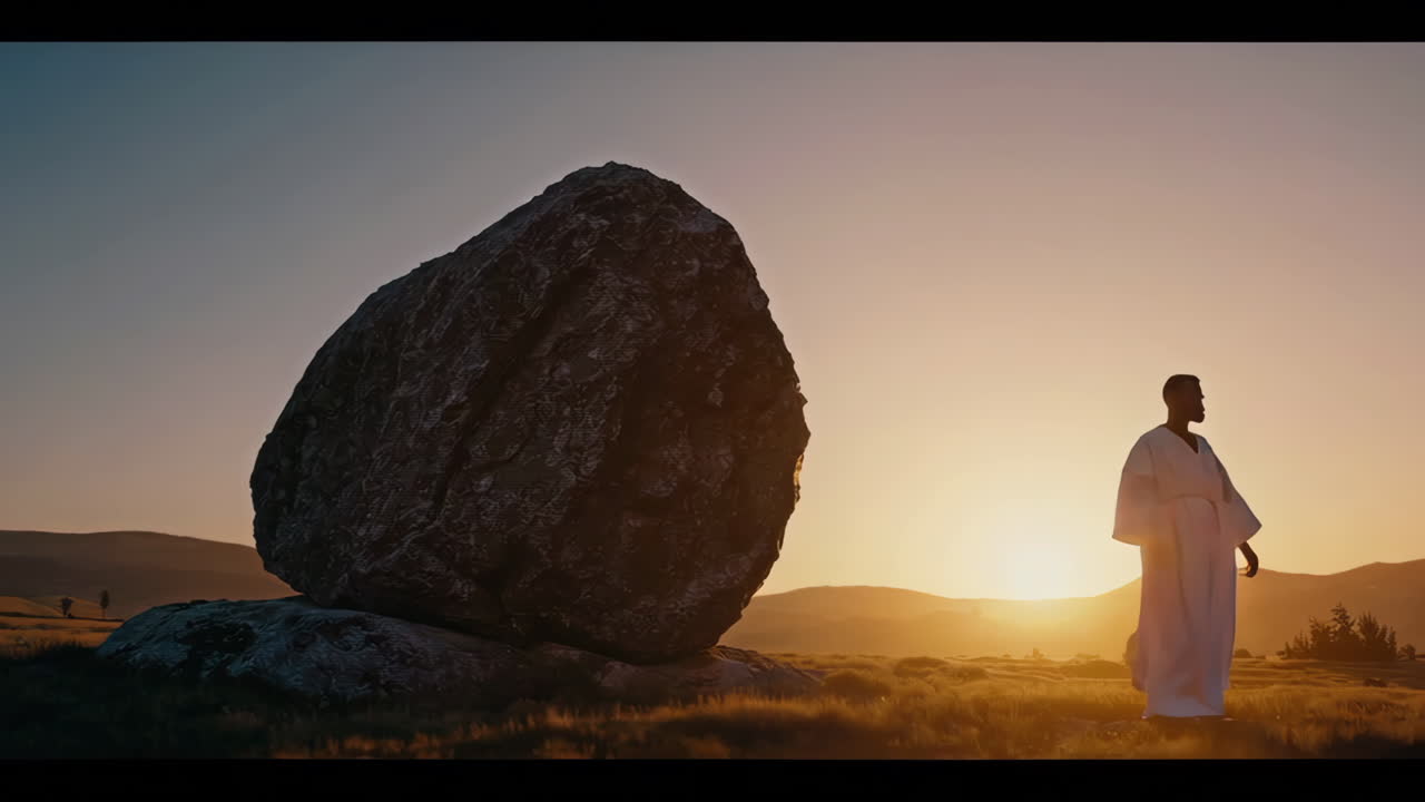 Man Walking Towards Sunrise with Big Rock