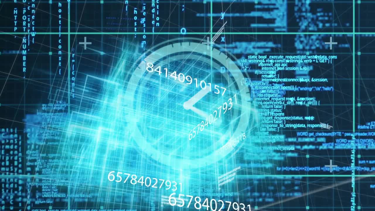 Luminous turquoise circular dial rotating over glowing grid lines streaming digital code fragments