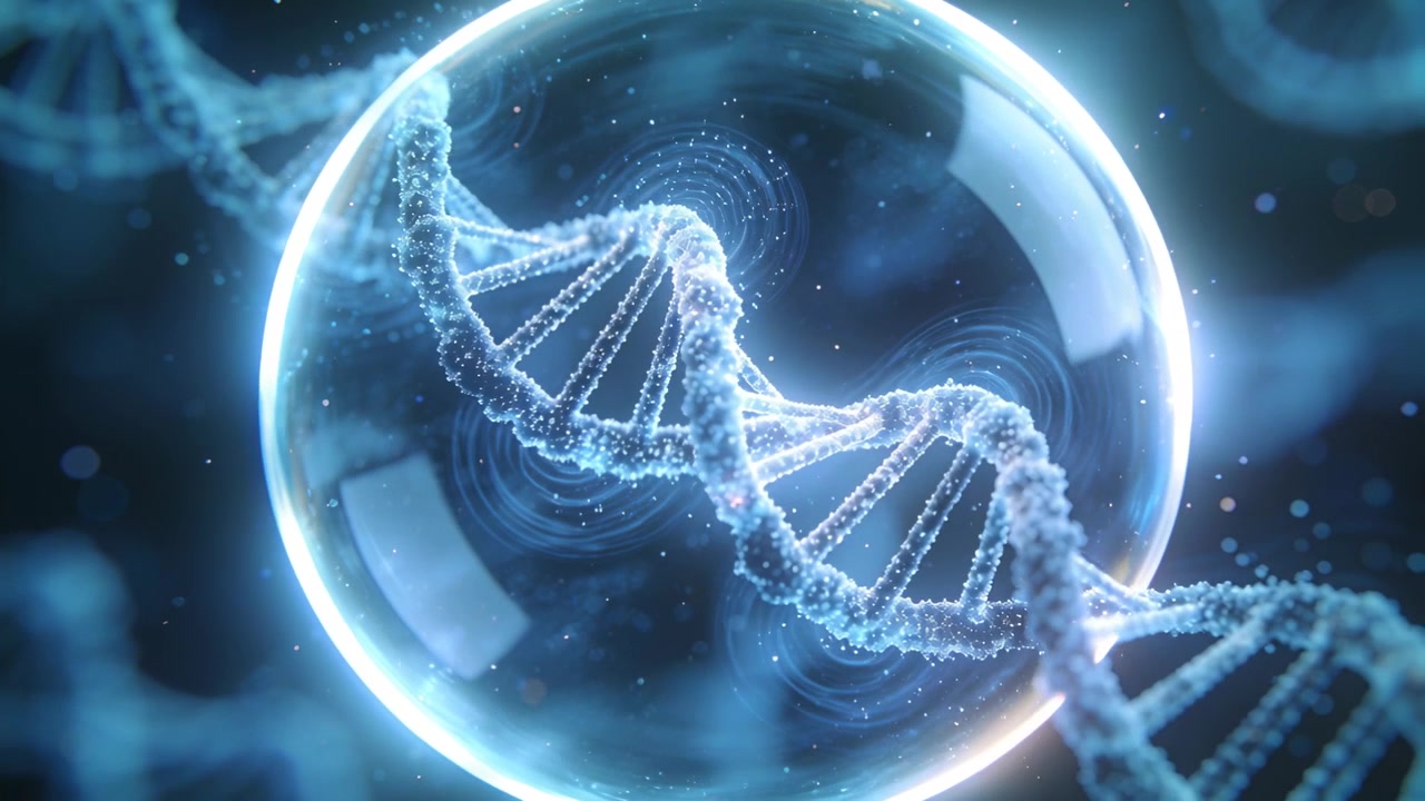 Carrello in movimento, elica di DNA luminosa che ruota e si avvicina in vista molecolare, mostrando una bolla.