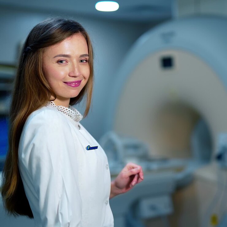 Young doctor radiologist looks at an x-ray in clinic. Female medic in uniform holding in hands and examines a radiogram picture of a patient.