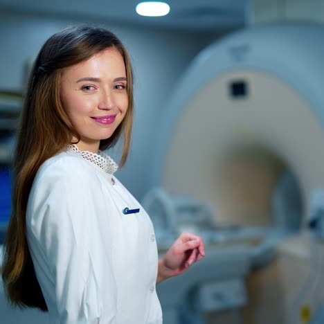 young doctor radiologist looks at an x-ray in clinic. female medic in uniform holding in hands and examines a radiogram picture of a patient.