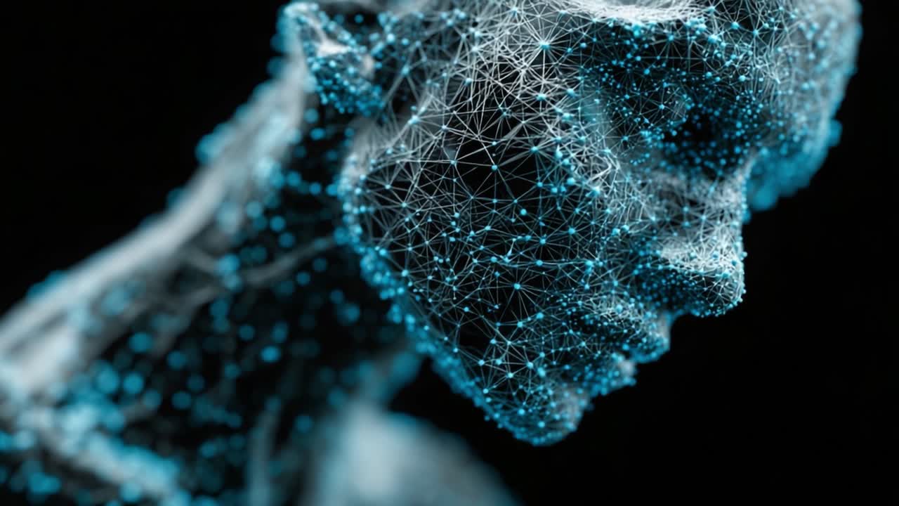 Una Straordinaria Rappresentazione della Connettività Neurale, questa Opera d'Arte Digitale Mostra una Testa Umana Formata da Nodi Luminosi e Interconnessi, Incarnando la Fusione di Tecnologia ed Essenza Umana
