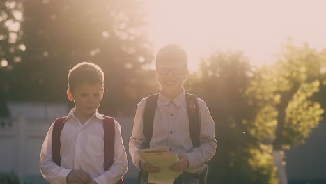 Schuljunge-Mit-Brille-Wirft-Papiere-Und-Geht-Langsam-Mit-Freund-Spazieren