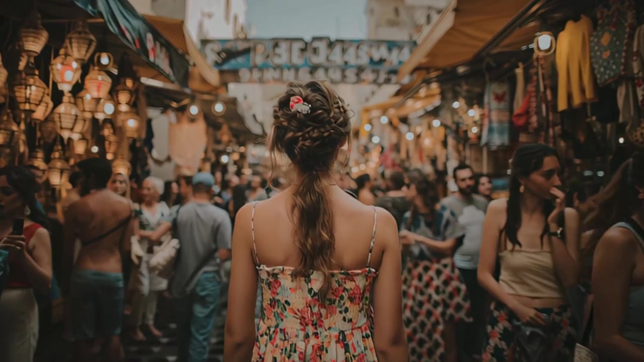 Cinematic footage of a young woman seen from behind walking through a busy street bazaar with hanging lanterns and shoppers, capturing travel, culture, and nightlife
