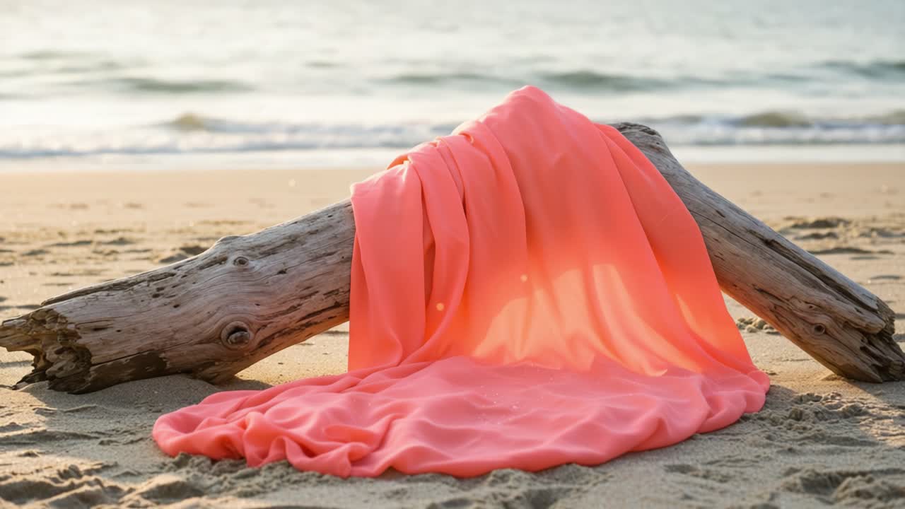 A Stunning Display of Vibrant Coral Fabric Draped Over Driftwood on a Serene Beach at Sunset, Highlighting Nature's Beauty and Textural Contrast