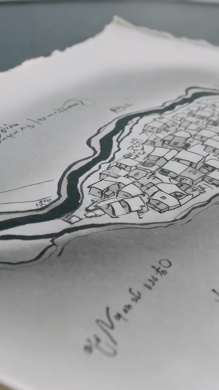 Verticale video: Pannerende camera onthult gescheurd vel met inktrivierschets om handtekening op bureau te tonen.