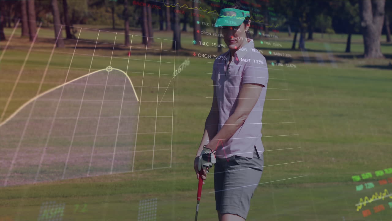 여자 골프 선수가 컵에서 공을 때리는 그래프와 거래 보드의 애니메이션