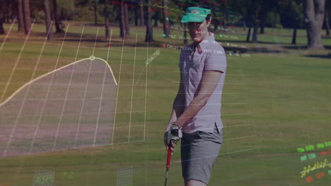 animación de gráficos y tablas de negociación sobre jugadora de golf golpeando la pelota en la copa