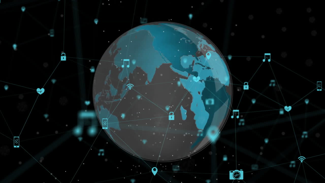 Digital icons and connections over rotating Earth animation