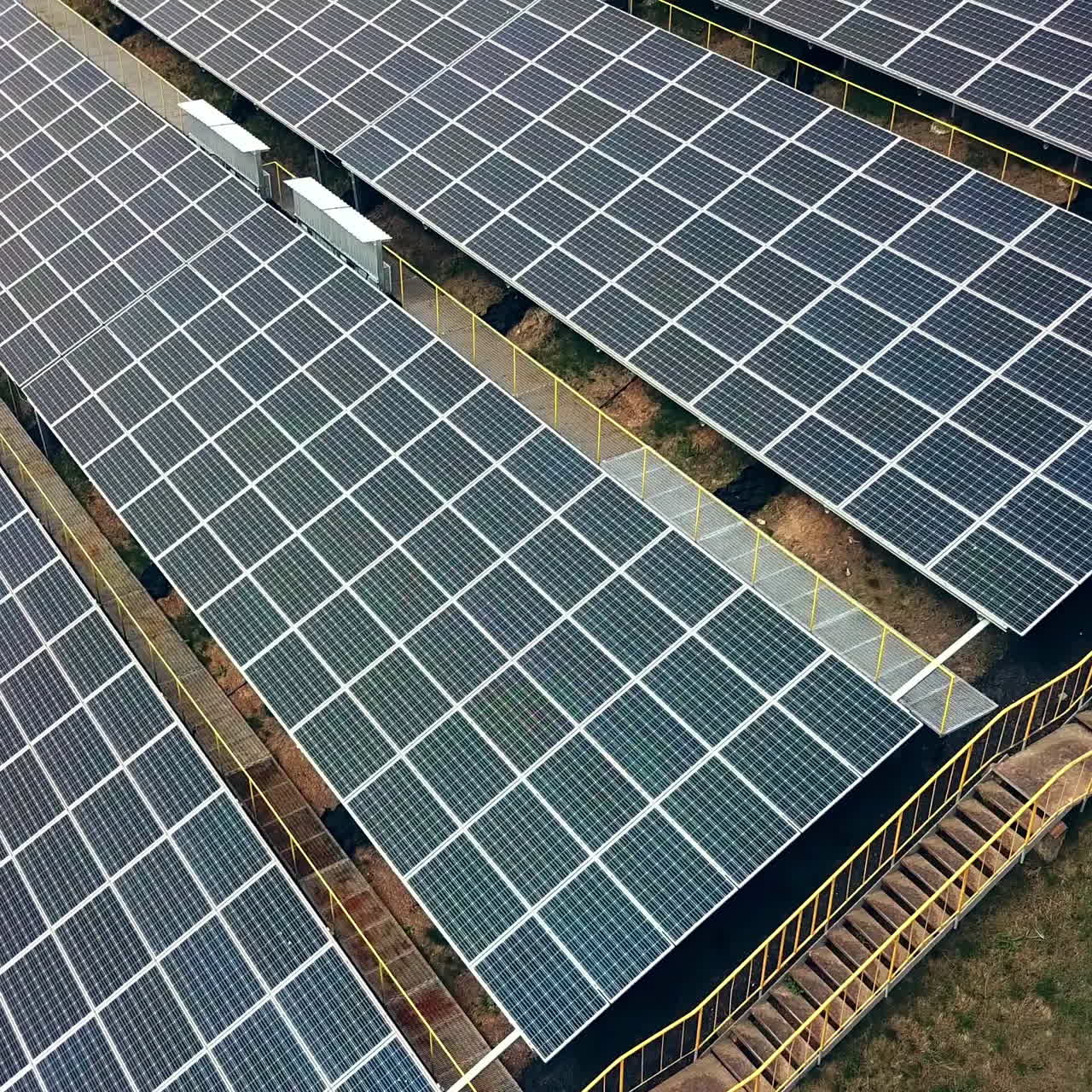Aerial view of Solar panels. Solar power plant. Source of ecological renewable energy.