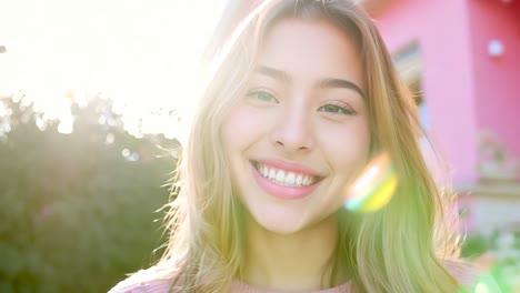 a woman with long blonde hair smiling at the camera