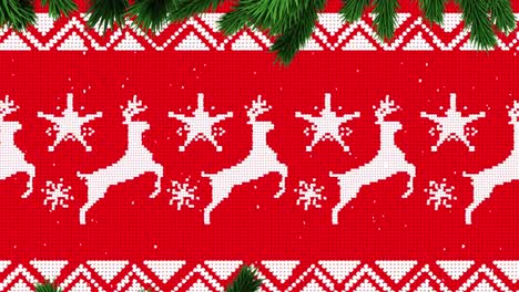 Animation-of-fir-tree-branches-with-christmas-reindeer-pattern-on-red-background