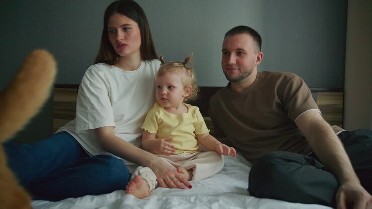 Famiglia felice con neonato e gatto, momenti di gioia sul letto