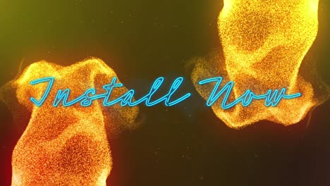 animación de instalar ahora texto en neón azul sobre partículas amarillas brillantes en fondo oscuro